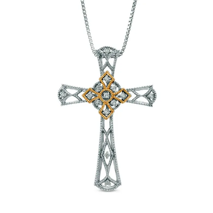 01 CT TW Natural Diamond Antique VintageStyle Cross Pendant in Sterling Silver and 14K Gold Goldia Necklaces 01 CT TW Natural Diamond Antique VintageStyle Cross Pendant in Sterling Silver and 14K Gold Goldia Necklaces