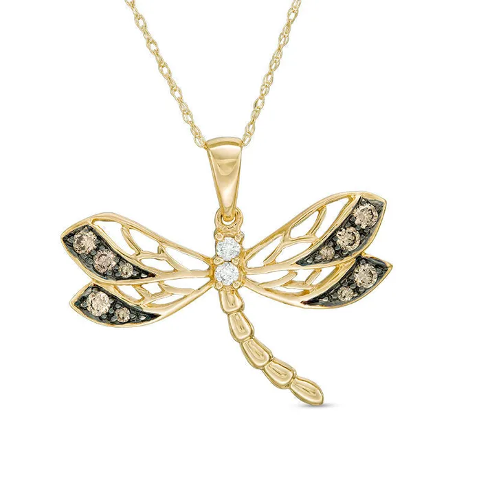 025 CT TW Champagne and White Natural Diamond Dragonfly Pendant in 10K Yellow Gold Goldia Necklaces 025 CT TW Champagne and White Natural Diamond Dragonfly Pendant in 10K Yellow Gold Goldia Necklaces