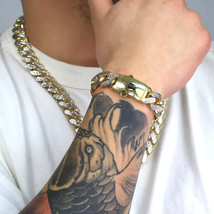 10k Yellow Gold 17mm Monaco Miami Cuban Link Diamond Cut Pave Chain Bracelet 9 Goldiacom Bracelets