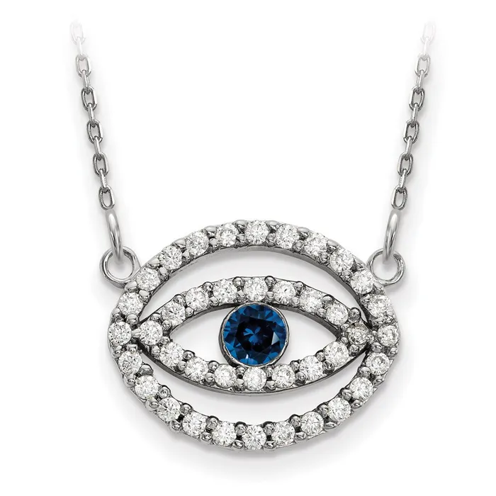 14k White Gold Medium Diamond and Sapphire Halo Evil Eye Necklace Goldia Necklaces 14k White Gold Medium Diamond and Sapphire Halo Evil Eye Necklace Goldia Necklaces