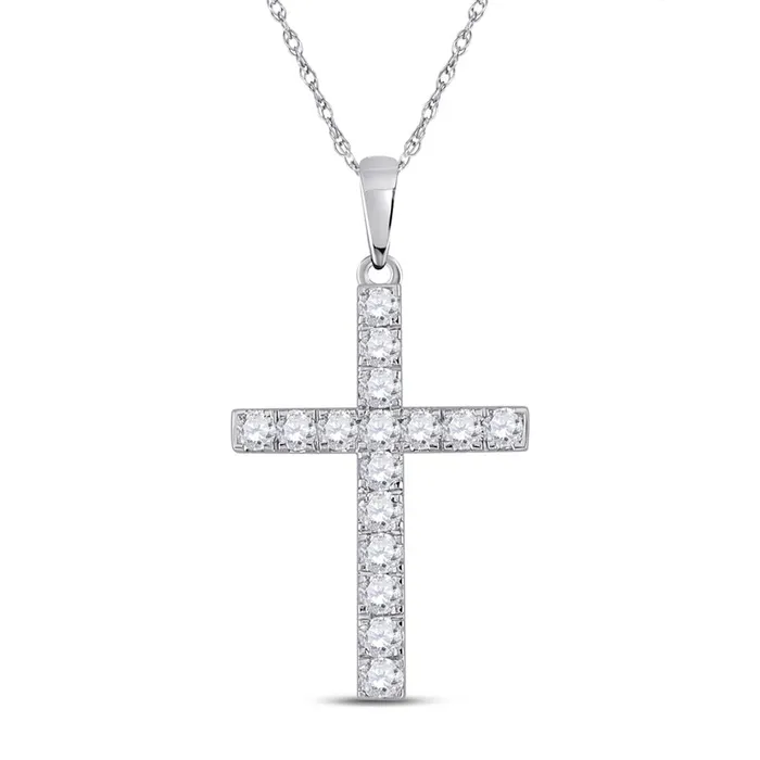 14k White Gold Round Diamond Cross Pendant 12 Cttw gndatlanta Necklaces