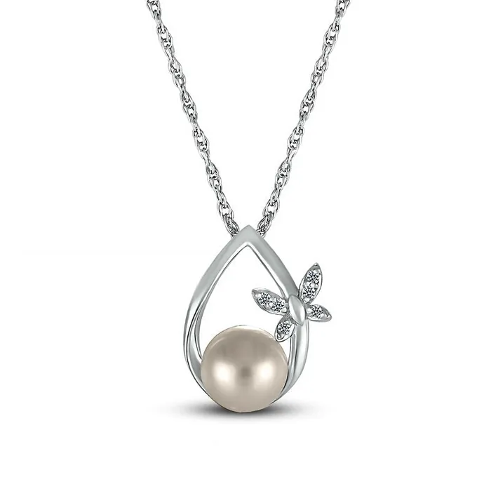 70mm Cultured Freshwater Pearl and Natural Diamond Accent Butterfly Open Teardrop Pendant in Sterling Silver Goldia Necklaces 70mm Cultured Freshwater Pearl and Natural Diamond Accent Butterfly Open Teardrop Pendant in Sterling Silver Goldia Necklaces
