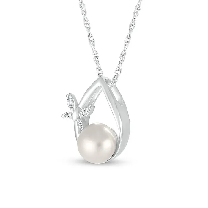 70mm Cultured Freshwater Pearl and Natural Diamond Accent Butterfly Open Teardrop Pendant in Sterling Silver Goldia Necklaces 70mm Cultured Freshwater Pearl and Natural Diamond Accent Butterfly Open Teardrop Pendant in Sterling Silver Goldia Necklaces