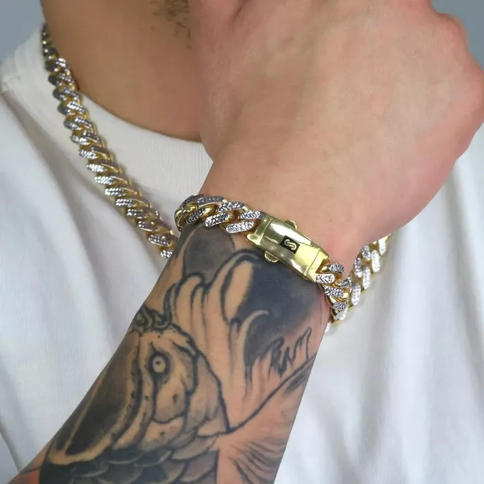 Bracelets Goldiacom 10K Yellow Gold Miami Cuban 13mm Monaco Diamond Cut Pave Chain Bracelet 8 9