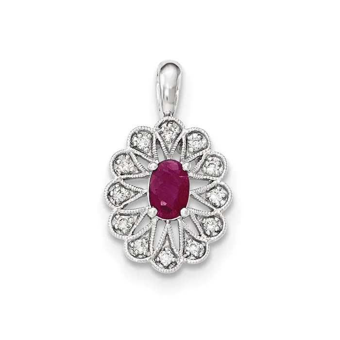 Goldia 14K White Gold Real Diamond and Ruby Pendant Necklaces