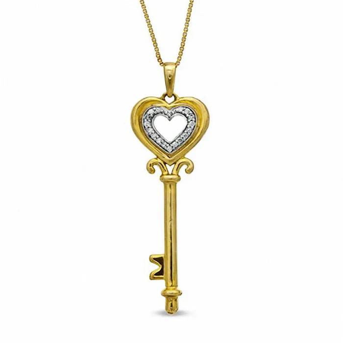 Goldia Necklaces 005 CT TW Natural Diamond Heart Top Key Pendant in Sterling Silver and 14K Gold Plate Goldia Necklaces 005 CT TW Natural Diamond Heart Top Key Pendant in Sterling Silver and 14K Gold Plate