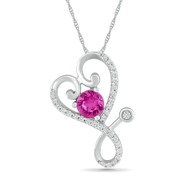 Goldia Necklaces 40mm LabCreated Pink and White Sapphire Tilted Loop Heart Stethoscope Pendant in Sterling Silver Goldia Necklaces 40mm LabCreated Pink and White Sapphire Tilted Loop Heart Stethoscope Pendant in Sterling Silver