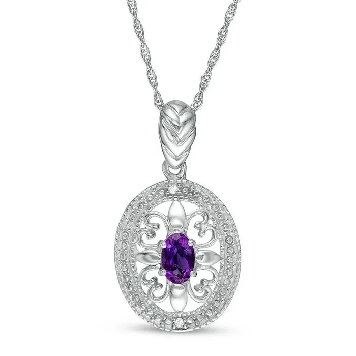 Goldia Oval Amethyst and Natural Diamond Accent Heart Antique VintageStyle Pendant in Sterling Silver Necklaces Goldia Oval Amethyst and Natural Diamond Accent Heart Antique VintageStyle Pendant in Sterling Silver Necklaces