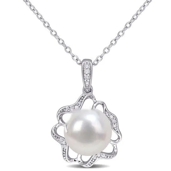 JMS always Necklaces Original AMOUR 9510mm Freshwater Cultured Pearl and Diamondaccent Floral Pendant with Chain In Sterling Silver JMS always Necklaces Original AMOUR 9510mm Freshwater Cultured Pearl and Diamondaccent Floral Pendant with Chain In Sterling Silver
