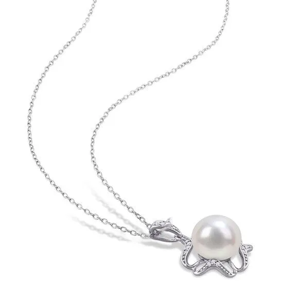 JMS always Necklaces Original AMOUR 9510mm Freshwater Cultured Pearl and Diamondaccent Floral Pendant with Chain In Sterling Silver JMS always Necklaces Original AMOUR 9510mm Freshwater Cultured Pearl and Diamondaccent Floral Pendant with Chain In Sterling Silver