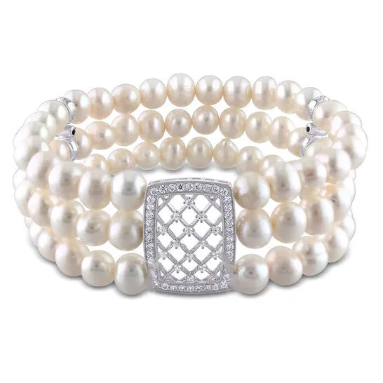 JMS always Original AMOUR Freshwater Cultured Pearl 3Strand Stretch Bracelet with Sterling Silver Cubic Zirconia Lattice Center and Dividers Bracelets JMS always Original AMOUR Freshwater Cultured Pearl 3Strand Stretch Bracelet with Sterling Silver Cubic Zirconia Lattice Center and Dividers Bracelets