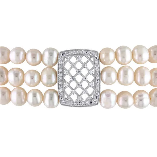 JMS always Original AMOUR Freshwater Cultured Pearl 3Strand Stretch Bracelet with Sterling Silver Cubic Zirconia Lattice Center and Dividers Bracelets JMS always Original AMOUR Freshwater Cultured Pearl 3Strand Stretch Bracelet with Sterling Silver Cubic Zirconia Lattice Center and Dividers Bracelets