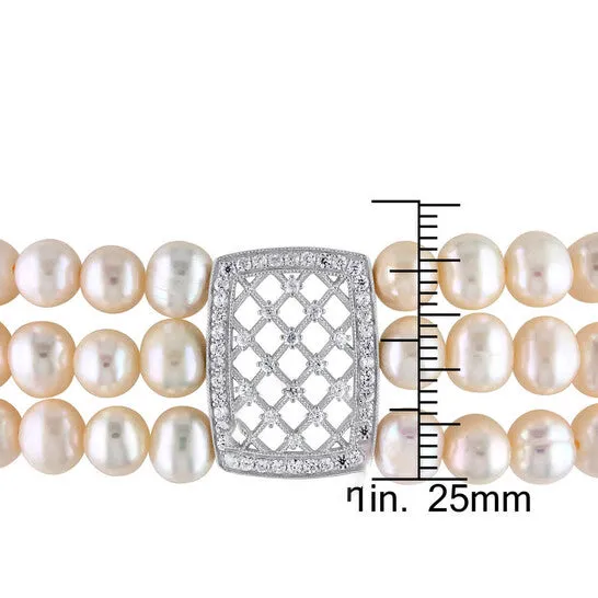 JMS always Original AMOUR Freshwater Cultured Pearl 3Strand Stretch Bracelet with Sterling Silver Cubic Zirconia Lattice Center and Dividers Bracelets JMS always Original AMOUR Freshwater Cultured Pearl 3Strand Stretch Bracelet with Sterling Silver Cubic Zirconia Lattice Center and Dividers Bracelets