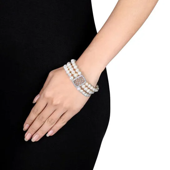 JMS always Original AMOUR Freshwater Cultured Pearl 3Strand Stretch Bracelet with Sterling Silver Cubic Zirconia Lattice Center and Dividers Bracelets JMS always Original AMOUR Freshwater Cultured Pearl 3Strand Stretch Bracelet with Sterling Silver Cubic Zirconia Lattice Center and Dividers Bracelets