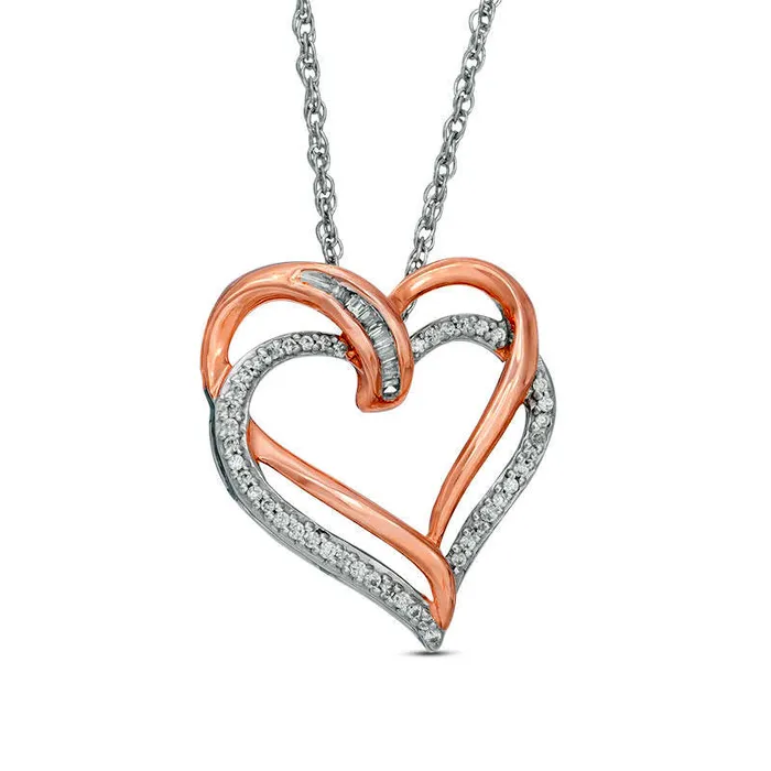Necklaces 017 CT TW Baguette and Round Natural Diamond Tilted Double Heart Pendant in Sterling Silver with 14K Rose Gold Plate Goldia Necklaces 017 CT TW Baguette and Round Natural Diamond Tilted Double Heart Pendant in Sterling Silver with 14K Rose Gold Plate Goldia