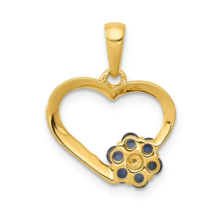 Necklaces 14K Yellow Gold Real Diamond and Sapphire Heart w Flower Pendant Goldia