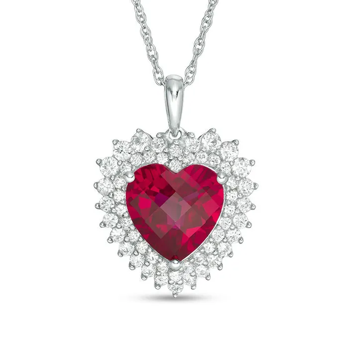 Necklaces Goldia 100mm LabCreated Ruby and White Sapphire Sunburst Heart Frame Pendant in Sterling Silver