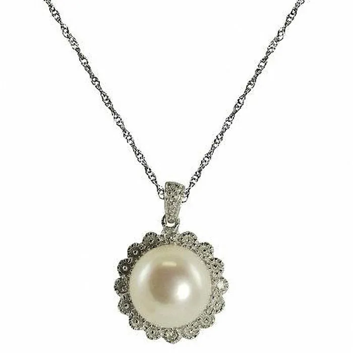 Necklaces Goldia 90 95mm Cultured Freshwater Pearl and Natural Diamond Accent Flower Frame Pendant in Sterling Silver Necklaces Goldia 90 95mm Cultured Freshwater Pearl and Natural Diamond Accent Flower Frame Pendant in Sterling Silver
