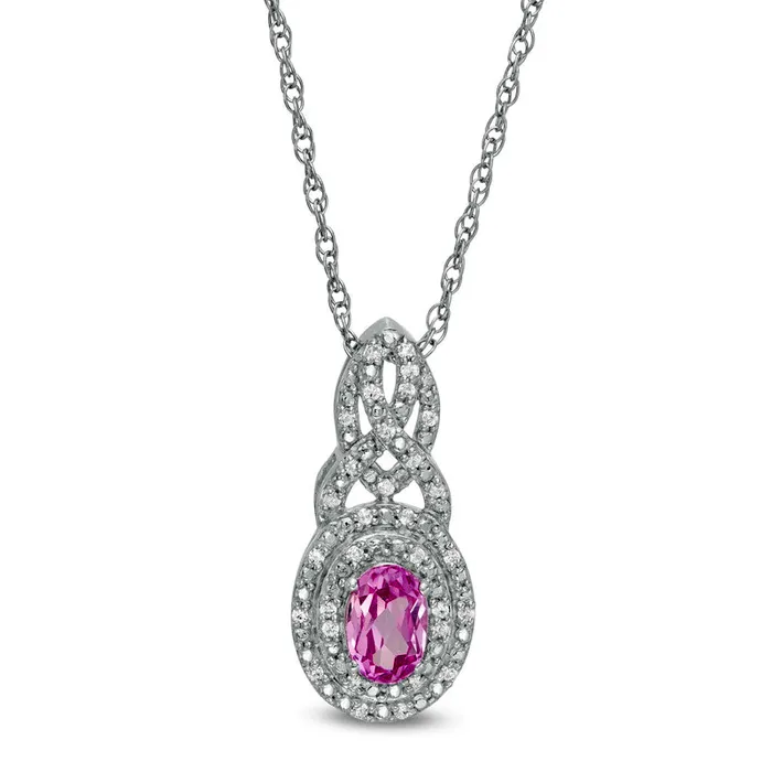 Necklaces Goldia Oval LabCreated Pink Sapphire and 01 CT TW Diamond Double Frame Cascading Pendant in Sterling Silver