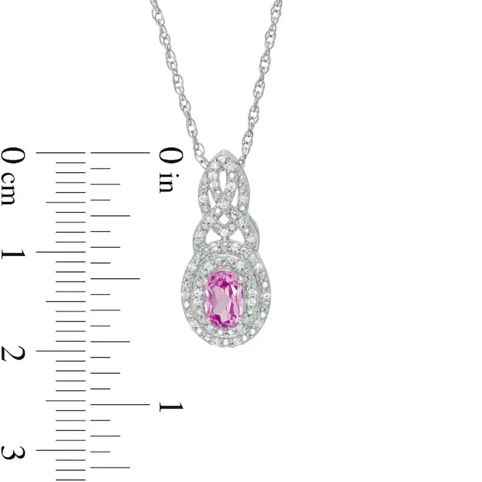 Necklaces Goldia Oval LabCreated Pink Sapphire and 01 CT TW Diamond Double Frame Cascading Pendant in Sterling Silver Necklaces Goldia Oval LabCreated Pink Sapphire and 01 CT TW Diamond Double Frame Cascading Pendant in Sterling Silver