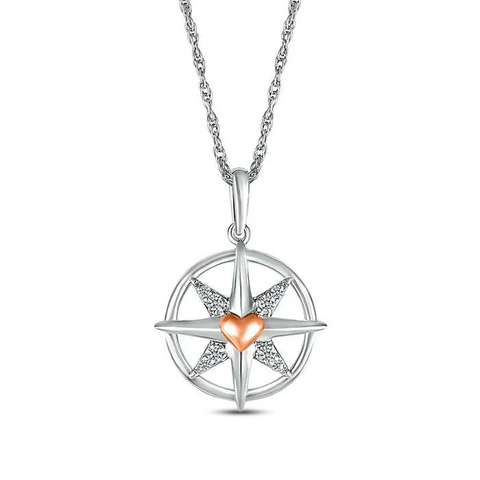 Necklaces White LabCreated Sapphire with Puff Heart Accent North Star Compass Pendant in Sterling Silver and 10K Rose Gold Goldia Necklaces White LabCreated Sapphire with Puff Heart Accent North Star Compass Pendant in Sterling Silver and 10K Rose Gold Goldia
