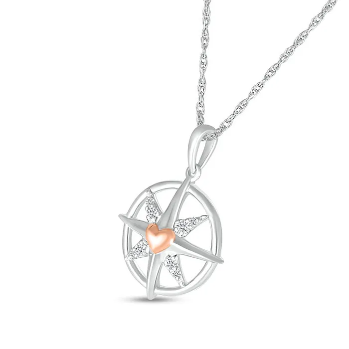 Necklaces White LabCreated Sapphire with Puff Heart Accent North Star Compass Pendant in Sterling Silver and 10K Rose Gold Goldia Necklaces White LabCreated Sapphire with Puff Heart Accent North Star Compass Pendant in Sterling Silver and 10K Rose Gold Goldia