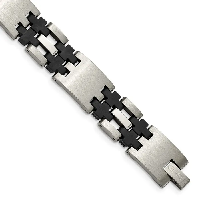 Bracelets Chisel Stainless Steel Brushed and Polished with Black Rubber 875 inch Link Bracelet TreasureFineJewelers Bracelets Chisel Stainless Steel Brushed and Polished with Black Rubber 875 inch Link Bracelet TreasureFineJewelers