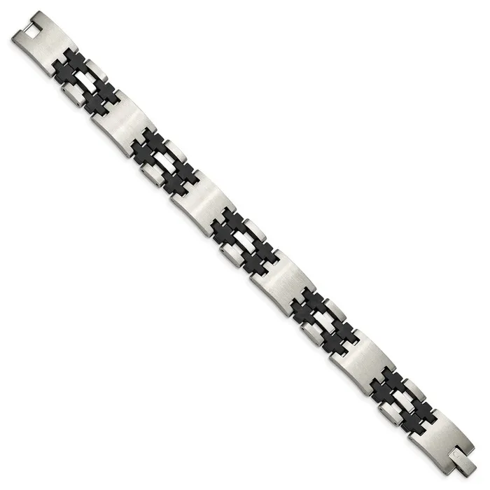 Bracelets Chisel Stainless Steel Brushed and Polished with Black Rubber 875 inch Link Bracelet TreasureFineJewelers