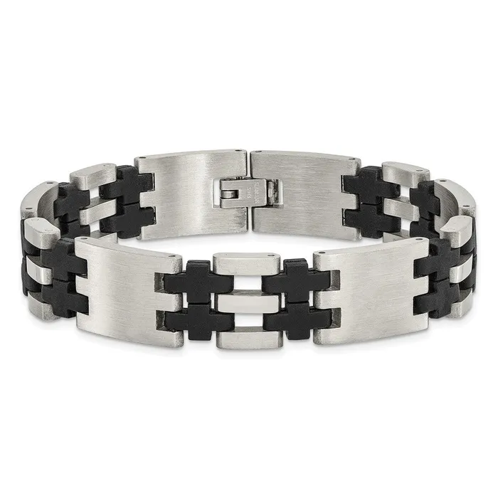 Bracelets Chisel Stainless Steel Brushed and Polished with Black Rubber 875 inch Link Bracelet TreasureFineJewelers
