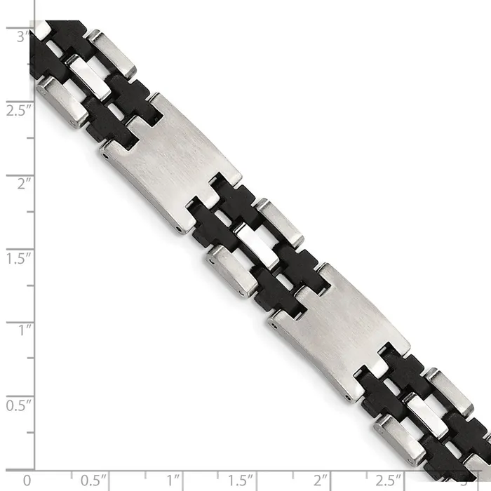 Bracelets Chisel Stainless Steel Brushed and Polished with Black Rubber 875 inch Link Bracelet TreasureFineJewelers