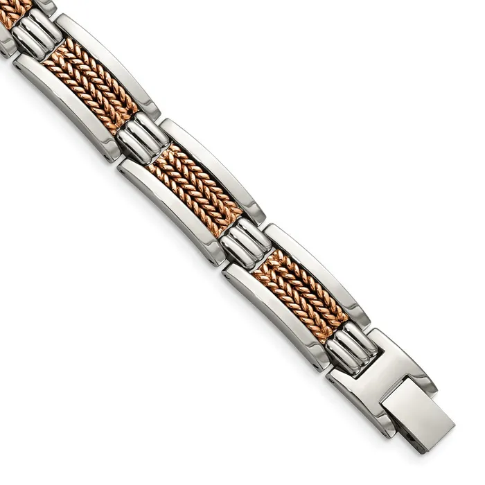 Bracelets Chisel Stainless Steel Polished and Textured Rose IPplated 85 inch Link Bracelet TreasureFineJewelers Bracelets Chisel Stainless Steel Polished and Textured Rose IPplated 85 inch Link Bracelet TreasureFineJewelers