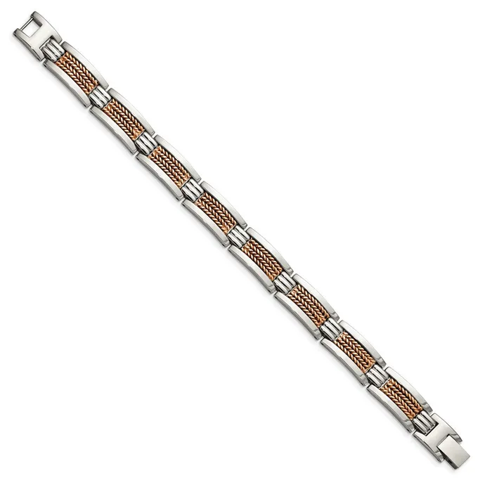 Bracelets Chisel Stainless Steel Polished and Textured Rose IPplated 85 inch Link Bracelet TreasureFineJewelers
