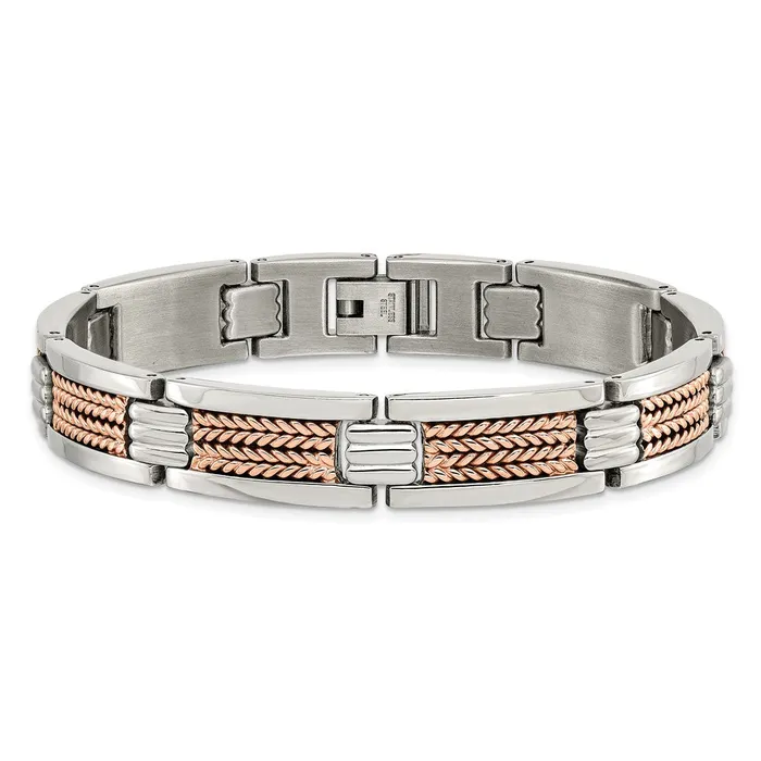 Bracelets Chisel Stainless Steel Polished and Textured Rose IPplated 85 inch Link Bracelet TreasureFineJewelers