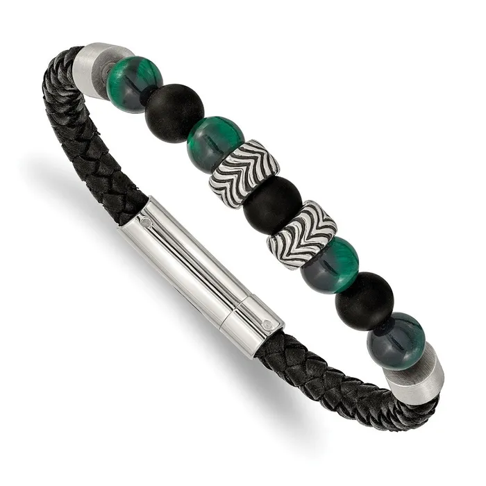 Bracelets TreasureFineJewelers Chisel Stainless Steel Antiqued and Polished Black Agate and Green Tigers Eye Beads Black Leather 85 inch Bracelet Bracelets TreasureFineJewelers Chisel Stainless Steel Antiqued and Polished Black Agate and Green Tigers Eye Beads Black Leather 85 inch Bracelet