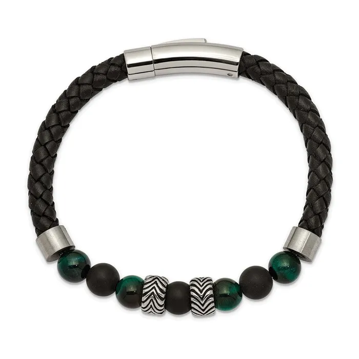 Bracelets TreasureFineJewelers Chisel Stainless Steel Antiqued and Polished Black Agate and Green Tigers Eye Beads Black Leather 85 inch Bracelet