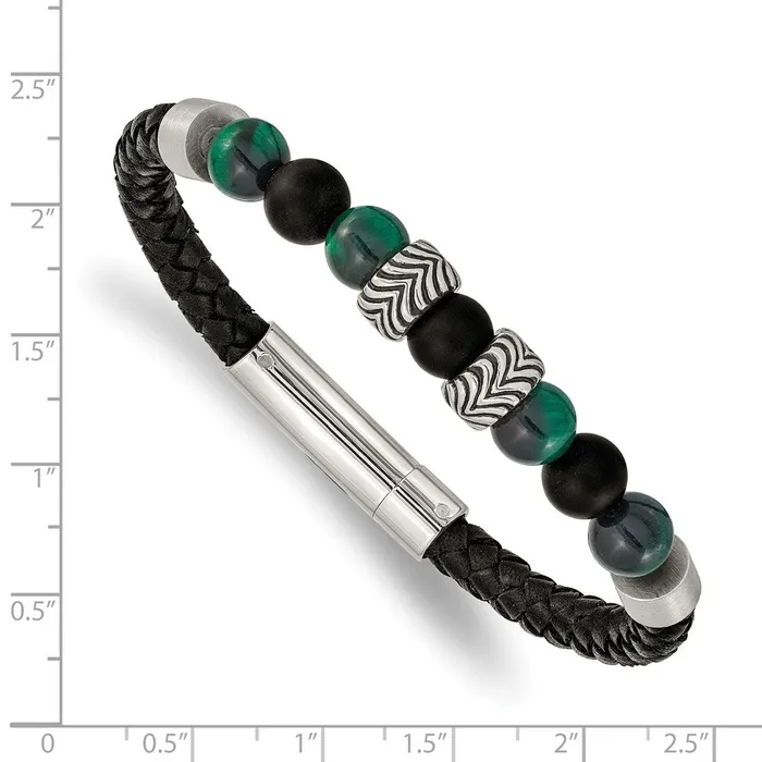 Bracelets TreasureFineJewelers Chisel Stainless Steel Antiqued and Polished Black Agate and Green Tigers Eye Beads Black Leather 85 inch Bracelet