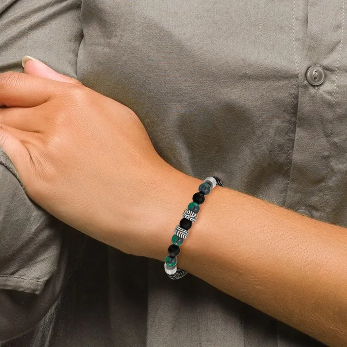 Bracelets TreasureFineJewelers Chisel Stainless Steel Antiqued and Polished Black Agate and Green Tigers Eye Beads Black Leather 85 inch Bracelet