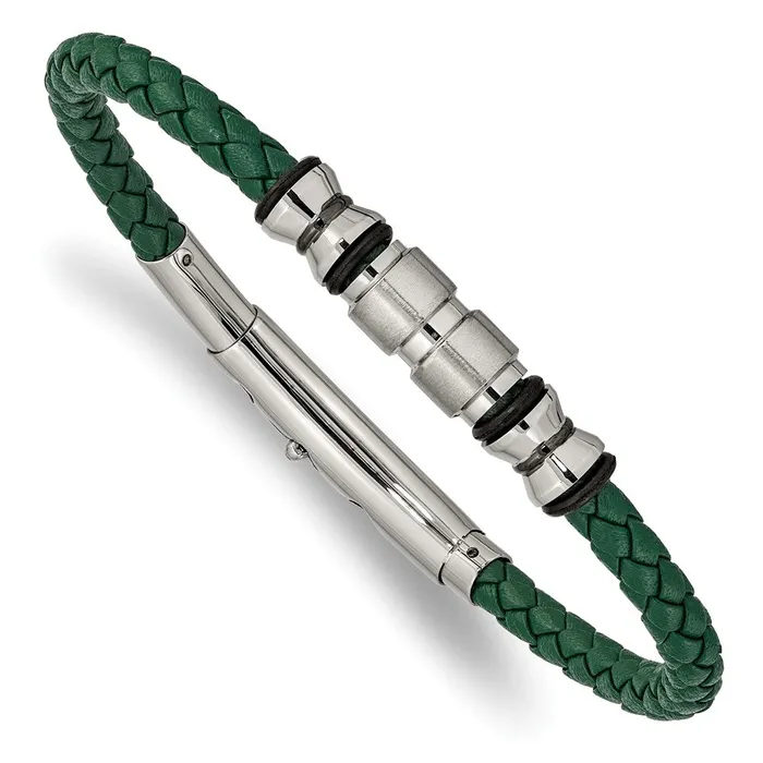 Bracelets TreasureFineJewelers Chisel Stainless Steel Brushed and Polished Black IPplated with Rubber Green Braided Leather Adjustable 775 to 825 inch Bracelet