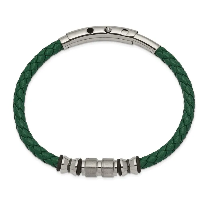 Bracelets TreasureFineJewelers Chisel Stainless Steel Brushed and Polished Black IPplated with Rubber Green Braided Leather Adjustable 775 to 825 inch Bracelet