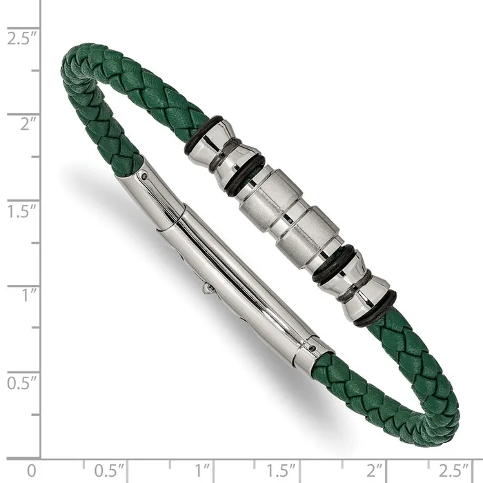 Bracelets TreasureFineJewelers Chisel Stainless Steel Brushed and Polished Black IPplated with Rubber Green Braided Leather Adjustable 775 to 825 inch Bracelet