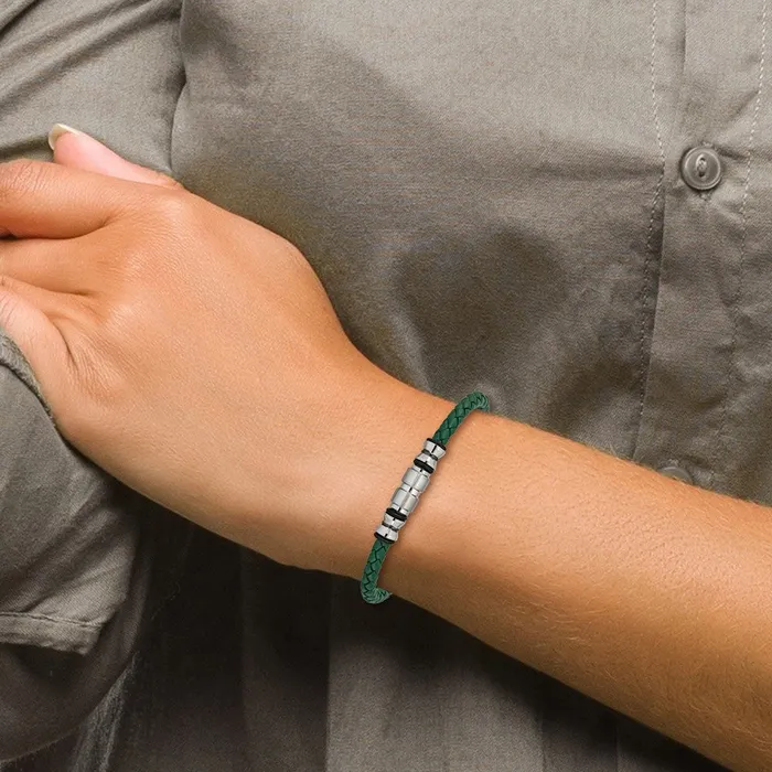 Bracelets TreasureFineJewelers Chisel Stainless Steel Brushed and Polished Black IPplated with Rubber Green Braided Leather Adjustable 775 to 825 inch Bracelet
