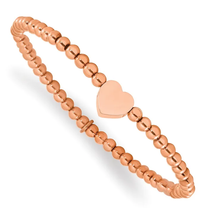 Bracelets TreasureFineJewelers Stainless Steel Polished Rose IPplated Heart Beaded Stretch Bracelet Bracelets TreasureFineJewelers Stainless Steel Polished Rose IPplated Heart Beaded Stretch Bracelet