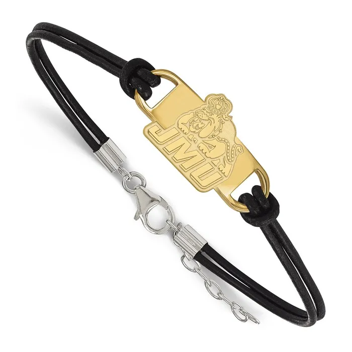 Bracelets TreasureFineJewelers Sterling Silver Goldplated James Madison University Small Center Black Leather 7 inch Bracelet with Extender Bracelets TreasureFineJewelers Sterling Silver Goldplated James Madison University Small Center Black Leather 7 inch Bracelet with Extender