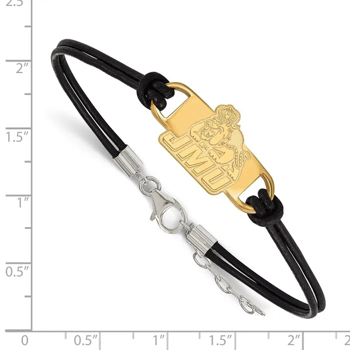 Bracelets TreasureFineJewelers Sterling Silver Goldplated James Madison University Small Center Black Leather 7 inch Bracelet with Extender
