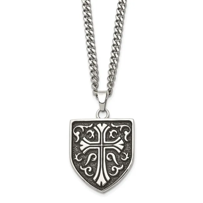 Chisel Stainless Steel Antiqued Polished and Textured Cross Shield Pendant on a 24 inch Curb Chain Necklace TreasureFineJewelers Necklaces Chisel Stainless Steel Antiqued Polished and Textured Cross Shield Pendant on a 24 inch Curb Chain Necklace TreasureFineJewelers Necklaces