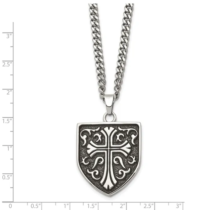 Chisel Stainless Steel Antiqued Polished and Textured Cross Shield Pendant on a 24 inch Curb Chain Necklace TreasureFineJewelers Necklaces