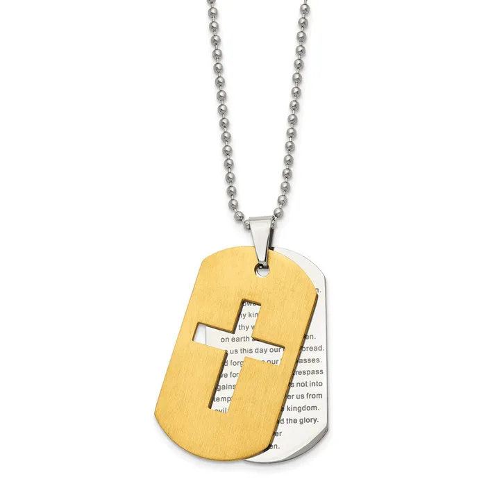 Chisel Stainless Steel Brushed and Polished Yellow IPplated 2 Piece Prayer Cross Dog Tag on a 22 inch Ball Chain Necklace TreasureFineJewelers Necklaces
