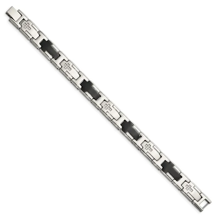 Chisel Stainless Steel Polished Black IPplated with CZ 85 inch Cross Link Bracelet TreasureFineJewelers Bracelets
