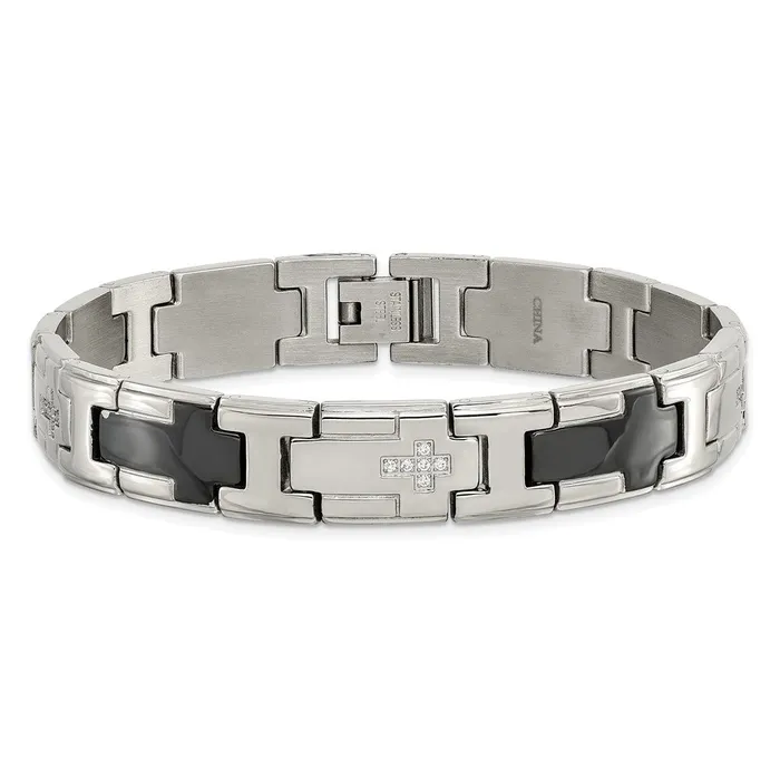 Chisel Stainless Steel Polished Black IPplated with CZ 85 inch Cross Link Bracelet TreasureFineJewelers Bracelets