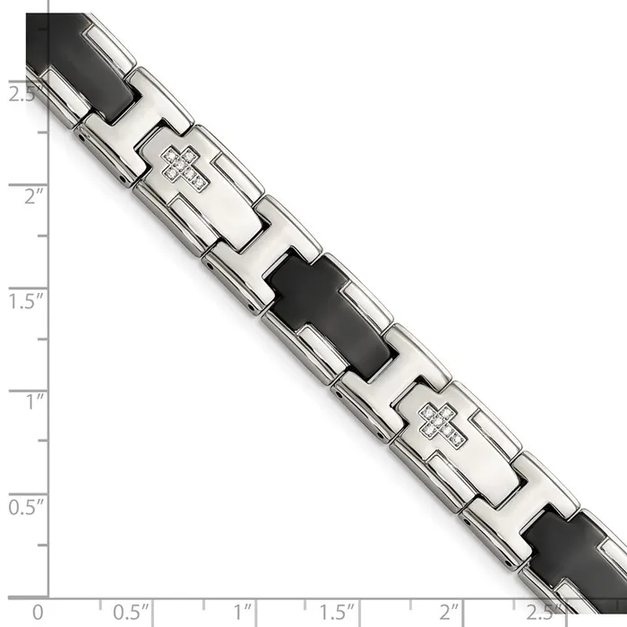 Chisel Stainless Steel Polished Black IPplated with CZ 85 inch Cross Link Bracelet TreasureFineJewelers Bracelets